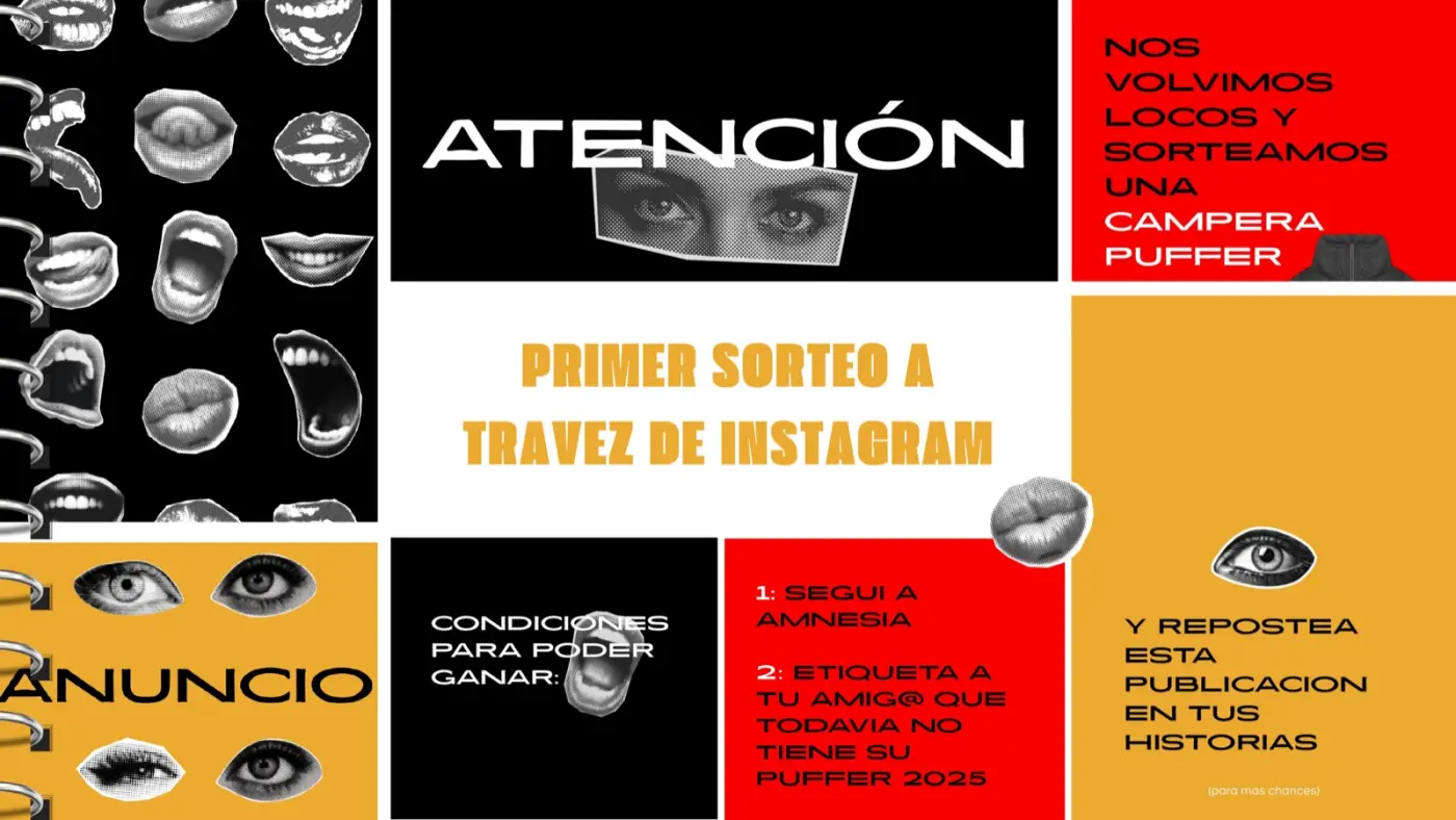Amnesia — sorteo campera puffer, collage halftone